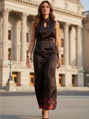 Bebe black red rose
embroidered maxi dress Sleeveless Y2K mandarin collar